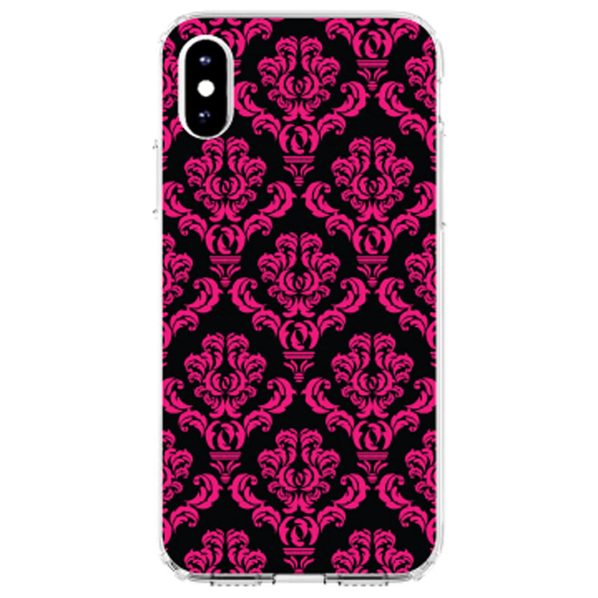 Black Hot Pink Damask Pattern Clear Shockproof iPhone Case, view 2