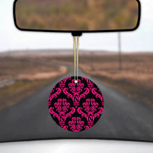 DistinctInk® Hanging Ceramic Christmas Tree Ornament with Gold String - Great Gift / Present - 2 3/4 inch Diameter - Black Hot Pink Damask Pattern