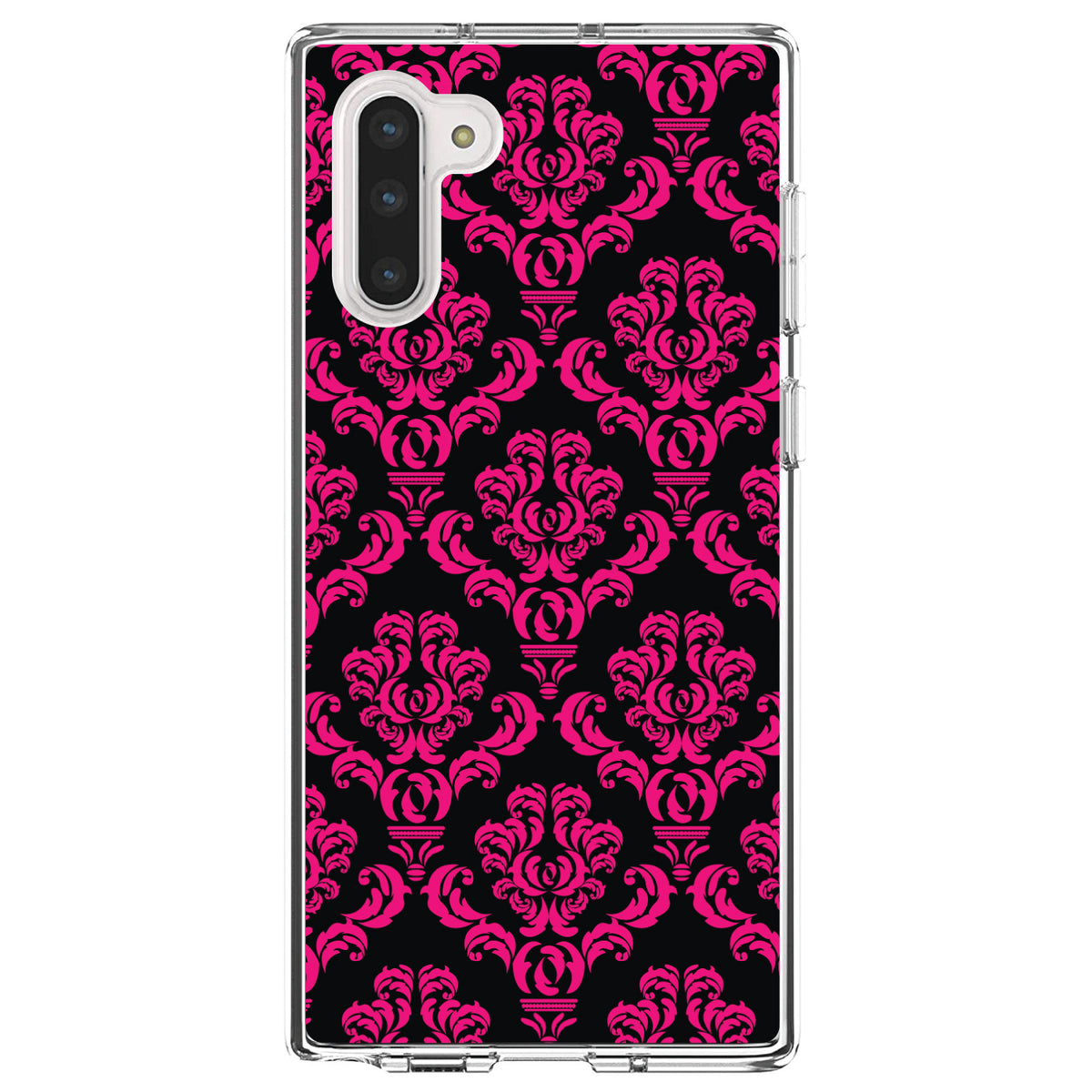 Black Hot Pink Damask Pattern Clear Shockproof iPhone Case, view 9