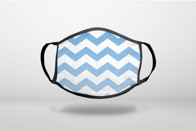 White Blue Fade Ombré Chevron Stripes - 3-Ply Reusable Soft Face Mask Covering, Unisex, Cotton Inner Layer