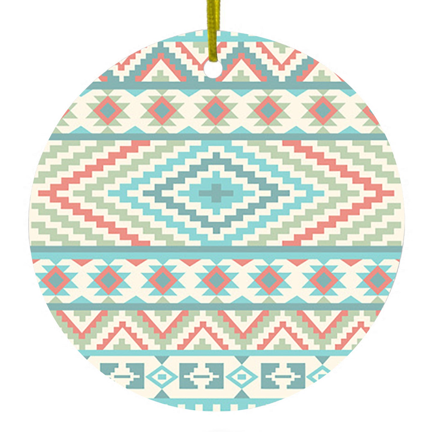 DistinctInk® Hanging Ceramic Christmas Tree Ornament with Gold String - Great Gift / Present - 2 3/4 inch Diameter - Blue Orange White Tribal Print