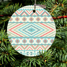 DistinctInk® Hanging Ceramic Christmas Tree Ornament with Gold String - Great Gift / Present - 2 3/4 inch Diameter - Blue Orange White Tribal Print