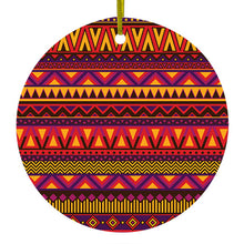 DistinctInk® Hanging Ceramic Christmas Tree Ornament with Gold String - Great Gift / Present - 2 3/4 inch Diameter - Purple Red Yellow Tribal Print