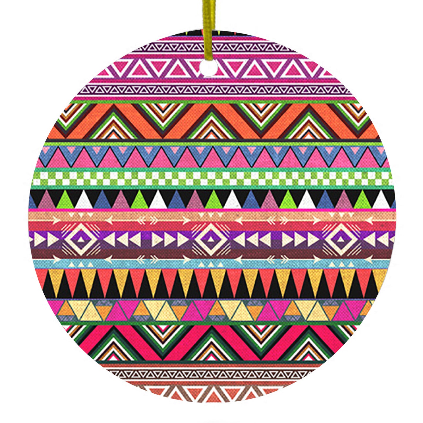 DistinctInk® Hanging Ceramic Christmas Tree Ornament with Gold String - Great Gift / Present - 2 3/4 inch Diameter - Pink Blue Orange Tribal Print