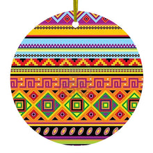 DistinctInk® Hanging Ceramic Christmas Tree Ornament with Gold String - Great Gift / Present - 2 3/4 inch Diameter - Blue Orange Purple Tribal Print