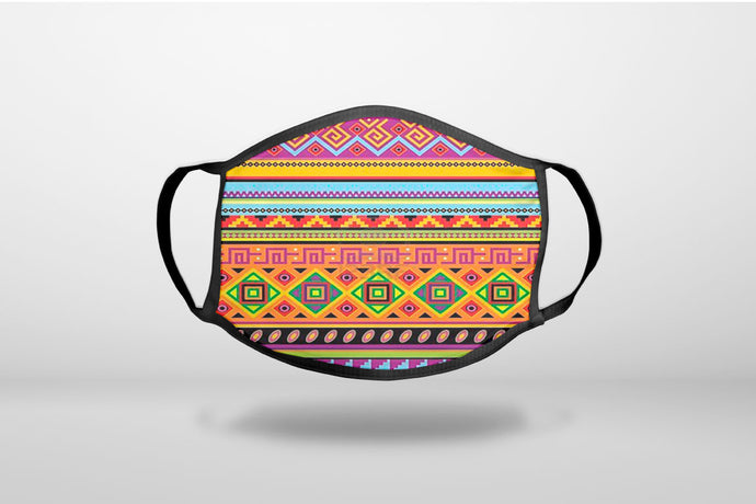 Blue Orange Purple Tribal Print - 3-Ply Reusable Soft Face Mask Covering, Unisex, Cotton Inner Layer