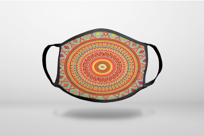 Orange Teal Yellow Tribal Print - 3-Ply Reusable Soft Face Mask Covering, Unisex, Cotton Inner Layer