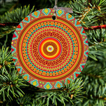 DistinctInk® Hanging Ceramic Christmas Tree Ornament with Gold String - Great Gift / Present - 2 3/4 inch Diameter - Orange Teal Yellow Tribal Print
