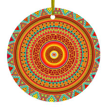 DistinctInk® Hanging Ceramic Christmas Tree Ornament with Gold String - Great Gift / Present - 2 3/4 inch Diameter - Orange Teal Yellow Tribal Print