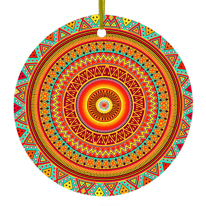 Orange Teal Yellow Tribal Print Ceramic Ornament