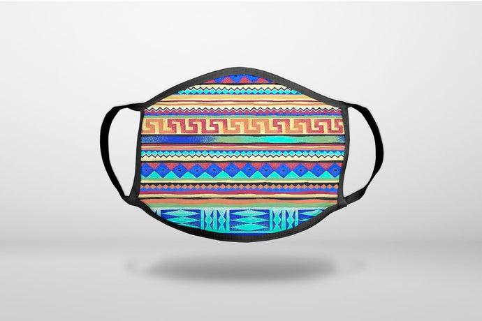 Blue Red Yellow Tribal Print - 3-Ply Reusable Soft Face Mask Covering, Unisex, Cotton Inner Layer