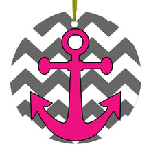 DistinctInk® Hanging Ceramic Christmas Tree Ornament with Gold String - Great Gift / Present - 2 3/4 inch Diameter - Grey White Pink Chevron Anchor