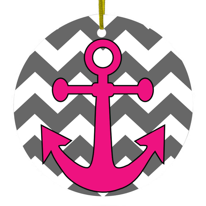 Grey White Pink Chevron Anchor Ceramic Ornament