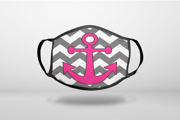 Grey White Pink Chevron Anchor - 3-Ply Reusable Soft Face Mask Covering, Unisex, Cotton Inner Layer