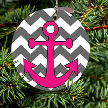 DistinctInk® Hanging Ceramic Christmas Tree Ornament with Gold String - Great Gift / Present - 2 3/4 inch Diameter - Grey White Pink Chevron Anchor