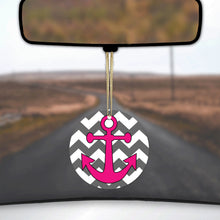 DistinctInk® Hanging Ceramic Christmas Tree Ornament with Gold String - Great Gift / Present - 2 3/4 inch Diameter - Grey White Pink Chevron Anchor