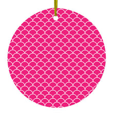 DistinctInk® Hanging Ceramic Christmas Tree Ornament with Gold String - Great Gift / Present - 2 3/4 inch Diameter - Hot Pink White Scalloped Pattern