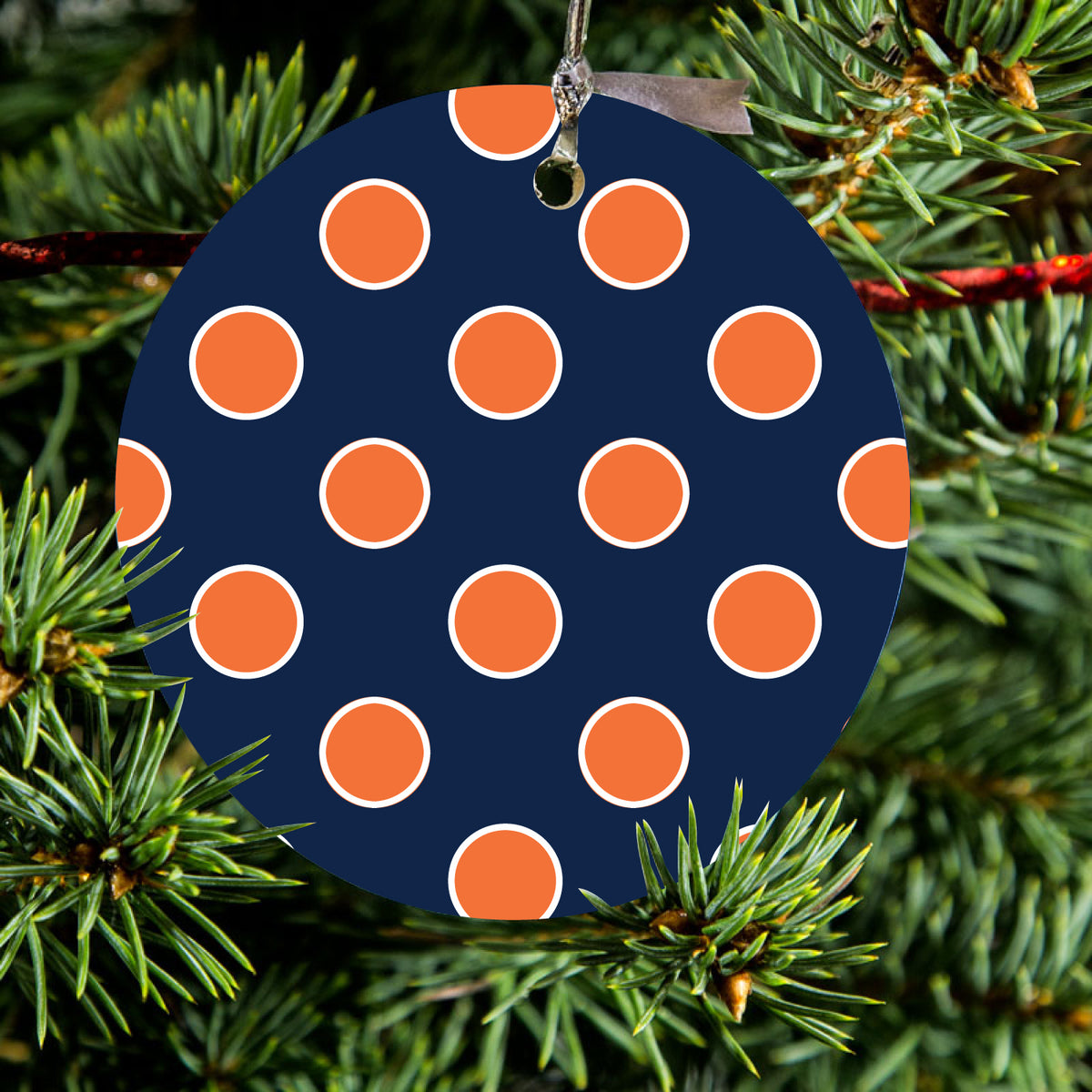 Navy Orange White Polka Dots Ceramic Ornament, view 2