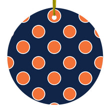 DistinctInk® Hanging Ceramic Christmas Tree Ornament with Gold String - Great Gift / Present - 2 3/4 inch Diameter - Navy Orange White Polka Dots