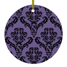 DistinctInk® Hanging Ceramic Christmas Tree Ornament with Gold String - Great Gift / Present - 2 3/4 inch Diameter - Purple Black Damask Floral