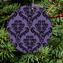 DistinctInk® Hanging Ceramic Christmas Tree Ornament with Gold String - Great Gift / Present - 2 3/4 inch Diameter - Purple Black Damask Floral