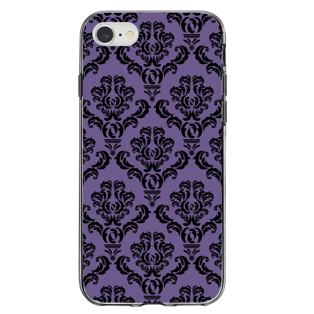 Purple Black Damask Floral Clear Shockproof iPhone Case, view 5