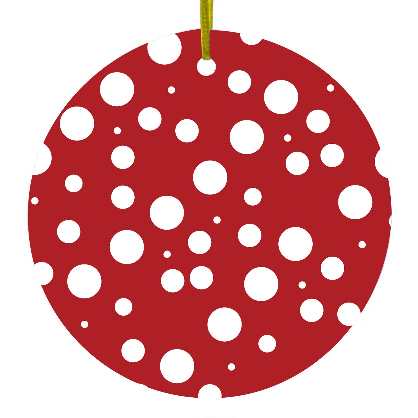 DistinctInk® Hanging Ceramic Christmas Tree Ornament with Gold String - Great Gift / Present - 2 3/4 inch Diameter - Red White Bubbles Polka Dots