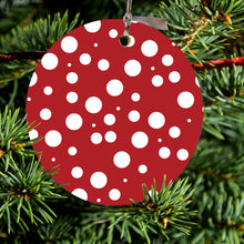 DistinctInk® Hanging Ceramic Christmas Tree Ornament with Gold String - Great Gift / Present - 2 3/4 inch Diameter - Red White Bubbles Polka Dots
