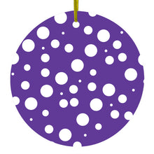 DistinctInk® Hanging Ceramic Christmas Tree Ornament with Gold String - Great Gift / Present - 2 3/4 inch Diameter - Purple White Bubbles Polka Dots