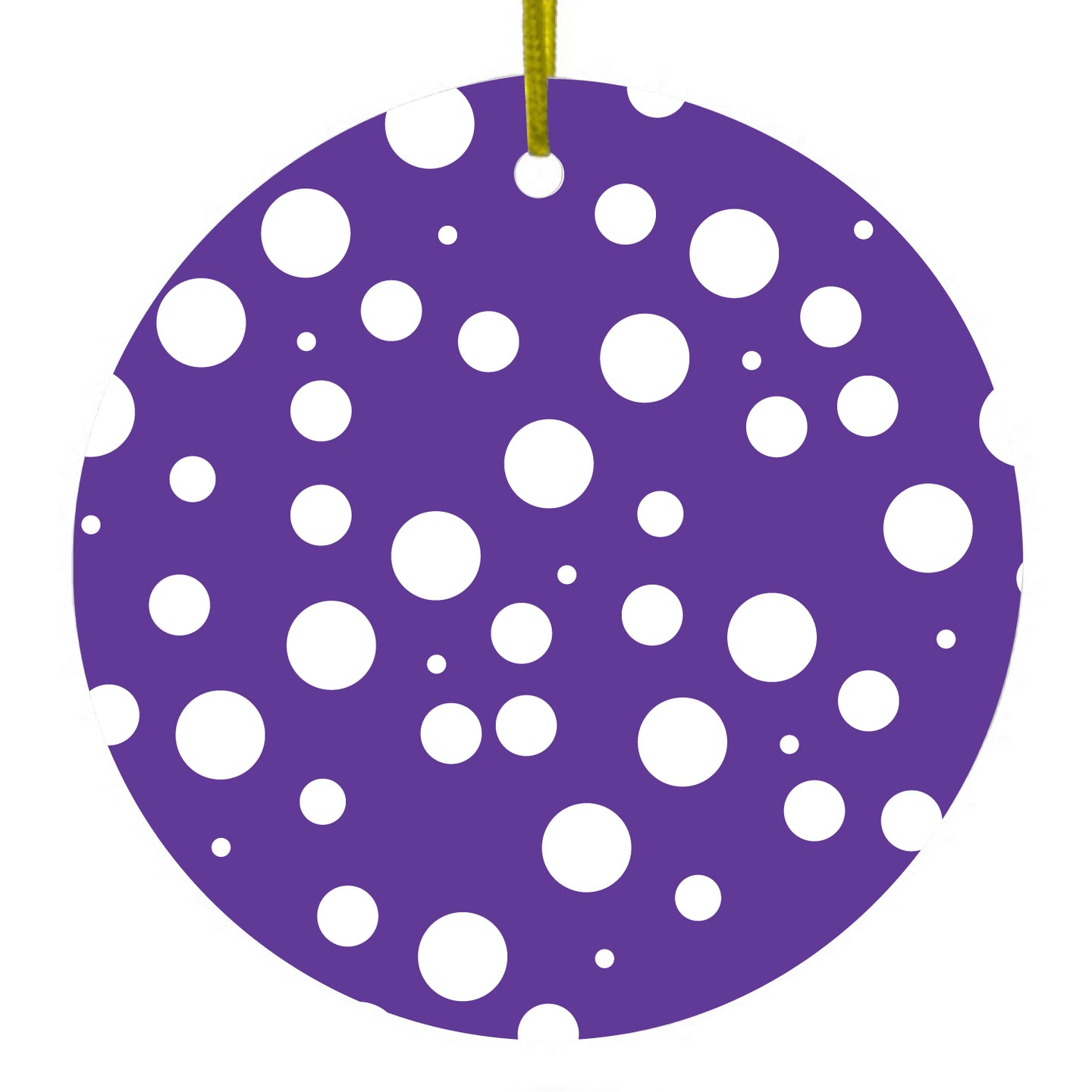 DistinctInk® Hanging Ceramic Christmas Tree Ornament with Gold String - Great Gift / Present - 2 3/4 inch Diameter - Purple White Bubbles Polka Dots