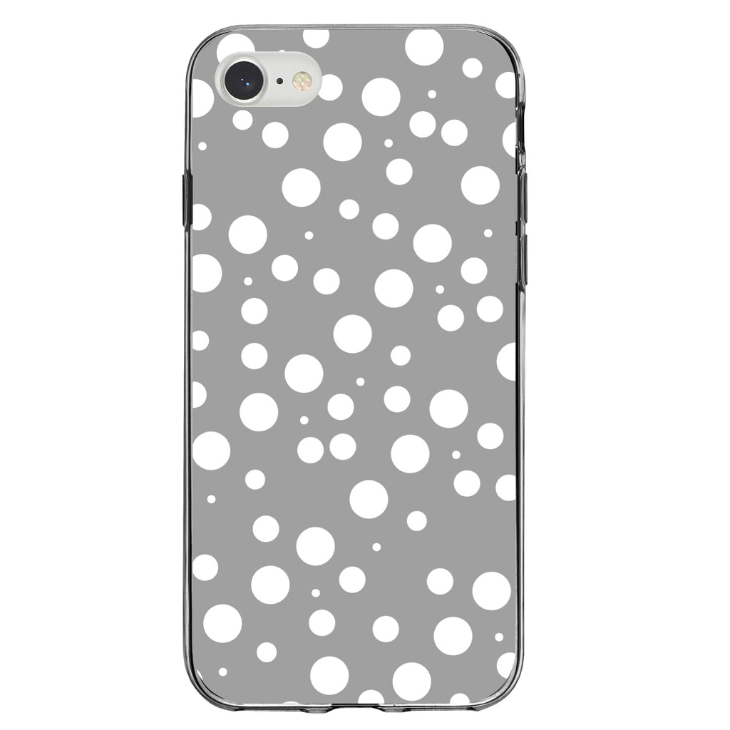 Grey White Bubbles Polka Dots Clear Shockproof iPhone Case, view 5
