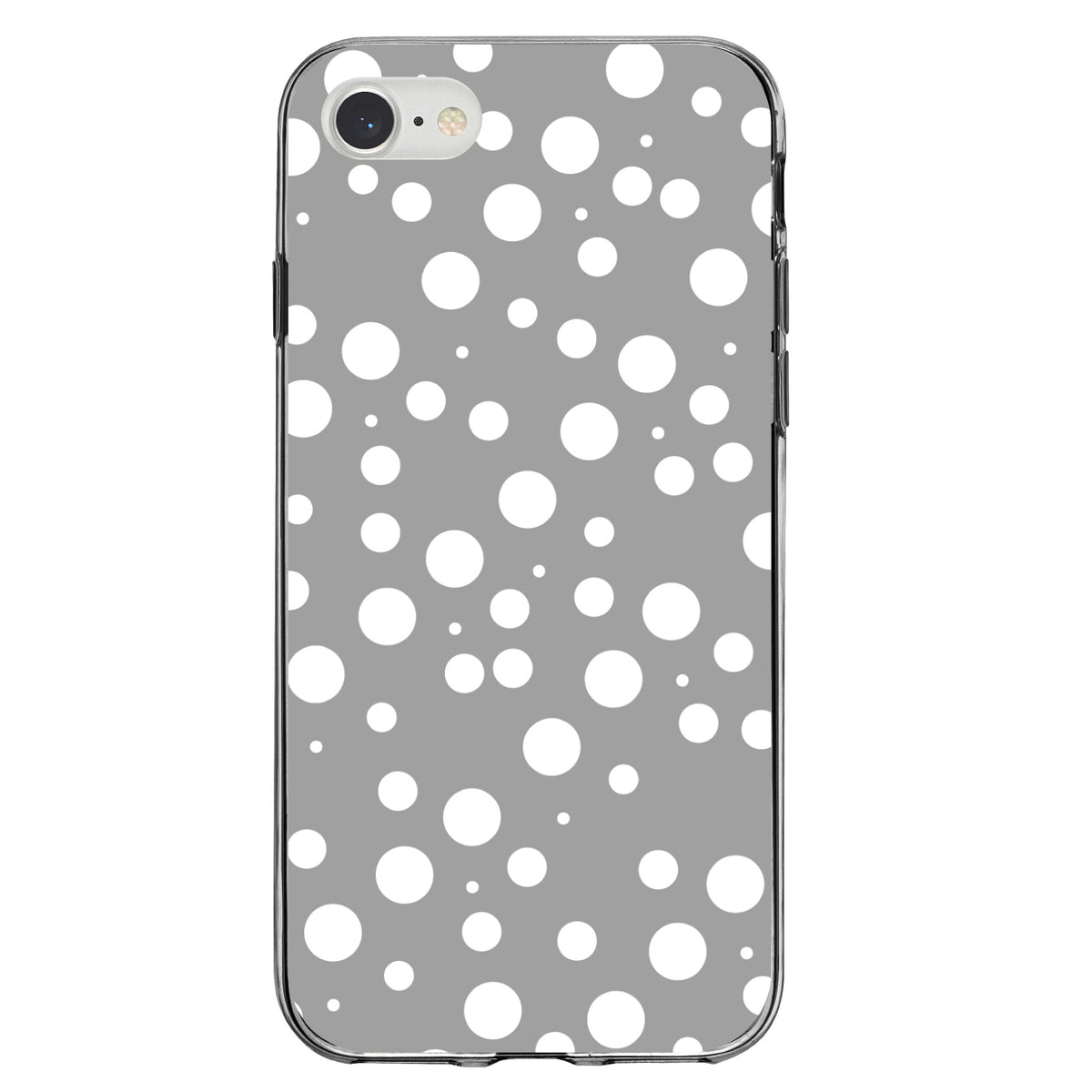 Grey White Bubbles Polka Dots Clear Shockproof iPhone Case, view 5