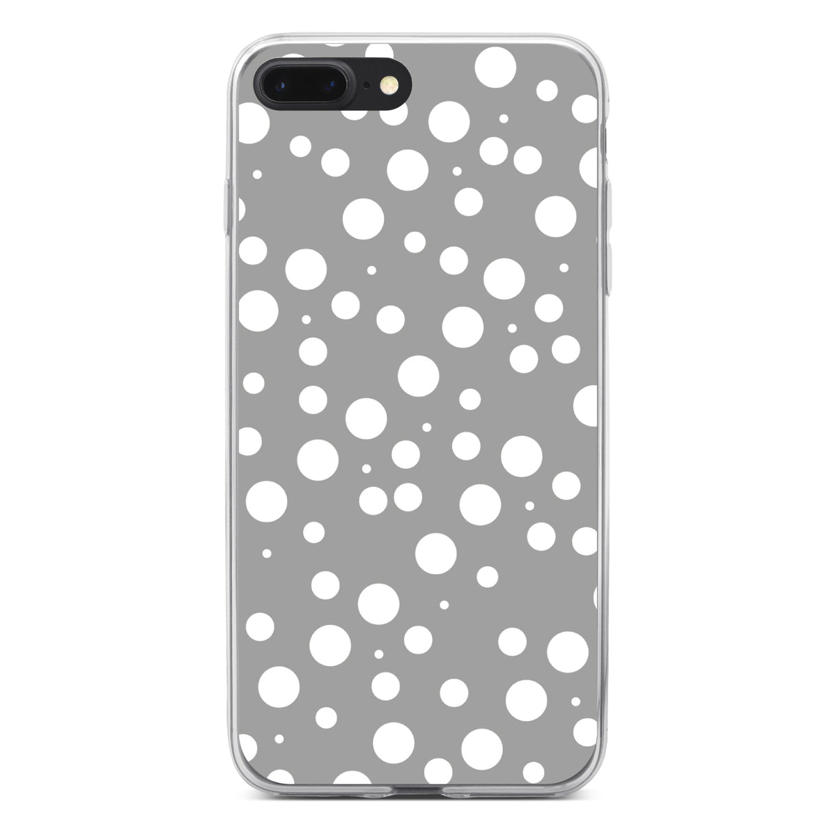 Grey White Bubbles Polka Dots Clear Shockproof iPhone Case, view 6