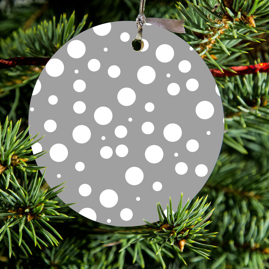 Grey White Bubbles Polka Dots Ceramic Ornament, view 2