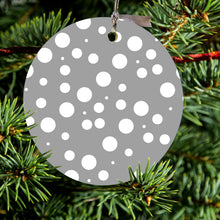 DistinctInk® Hanging Ceramic Christmas Tree Ornament with Gold String - Great Gift / Present - 2 3/4 inch Diameter - Grey White Bubbles Polka Dots