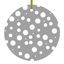 DistinctInk® Hanging Ceramic Christmas Tree Ornament with Gold String - Great Gift / Present - 2 3/4 inch Diameter - Grey White Bubbles Polka Dots