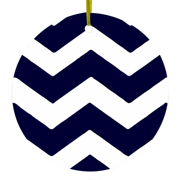 Navy Blue White Chevron Stripes Ceramic Ornament