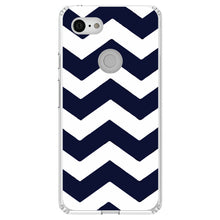 DistinctInk® Clear Shockproof Hybrid Case for Apple iPhone / Samsung Galaxy / Google Pixel - Navy Blue White Chevron Stripes