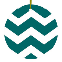 DistinctInk® Hanging Ceramic Christmas Tree Ornament with Gold String - Great Gift / Present - 2 3/4 inch Diameter - Teal White Chevron Stripes