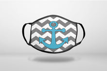 Grey White Chevron Teal Anchor - 3-Ply Reusable Soft Face Mask Covering, Unisex, Cotton Inner Layer