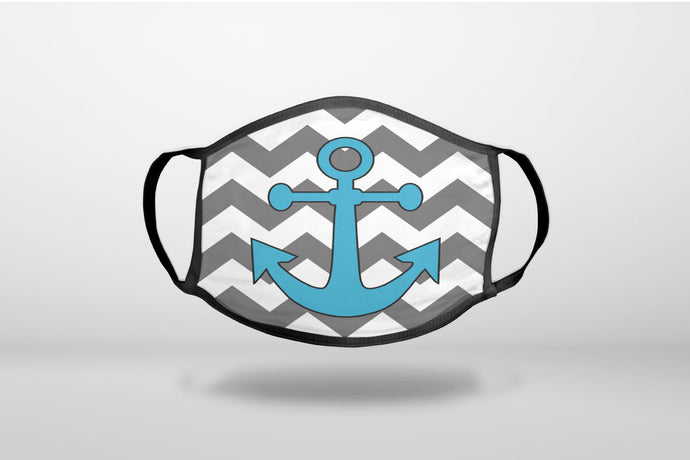 Grey White Chevron Teal Anchor - 3-Ply Reusable Soft Face Mask Covering, Unisex, Cotton Inner Layer