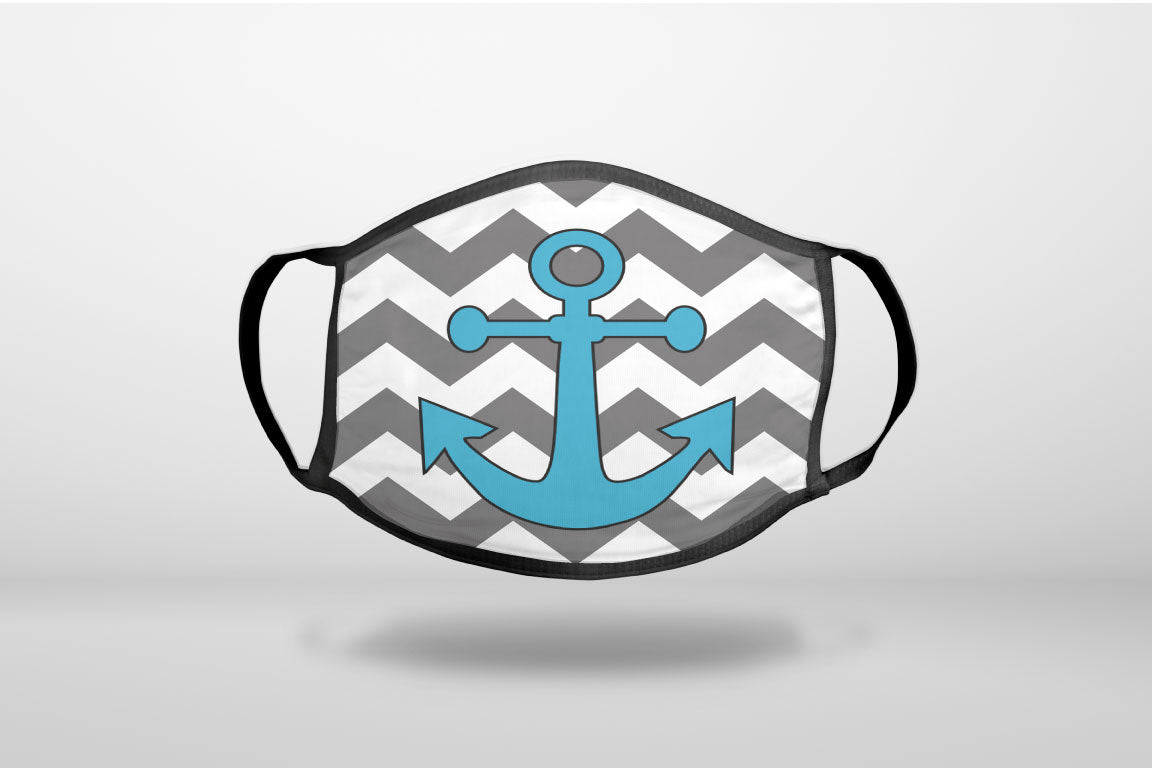Grey White Chevron Teal Anchor - 3-Ply Reusable Soft Face Mask Covering, Unisex, Cotton Inner Layer