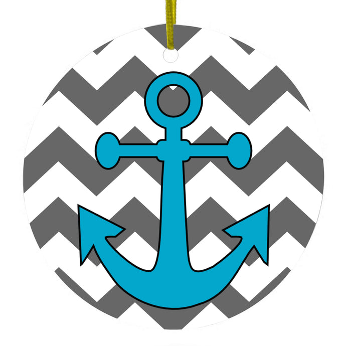 Grey White Chevron Teal Anchor Ceramic Ornament