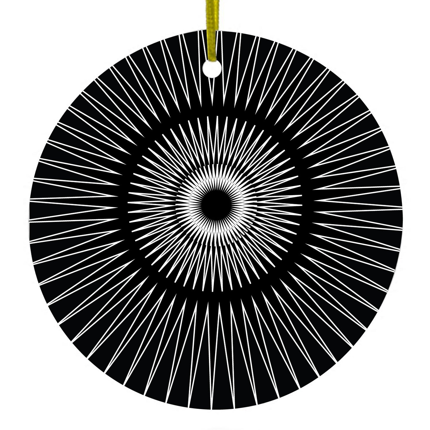 DistinctInk® Hanging Ceramic Christmas Tree Ornament with Gold String - Great Gift / Present - 2 3/4 inch Diameter - Black White Star Bursts