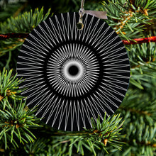 DistinctInk® Hanging Ceramic Christmas Tree Ornament with Gold String - Great Gift / Present - 2 3/4 inch Diameter - Black White Star Bursts