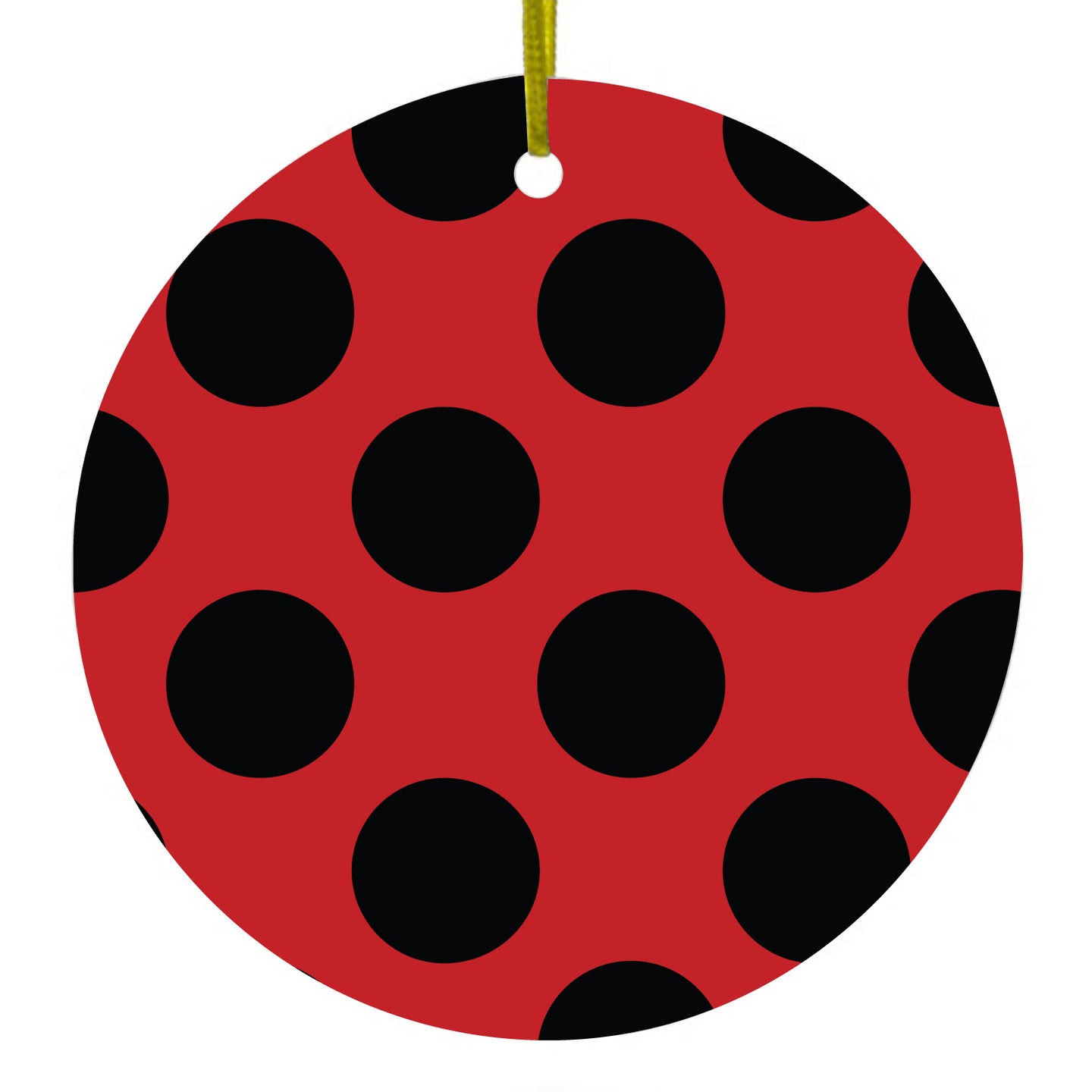 DistinctInk® Hanging Ceramic Christmas Tree Ornament with Gold String - Great Gift / Present - 2 3/4 inch Diameter - Black & Red Polka Dots