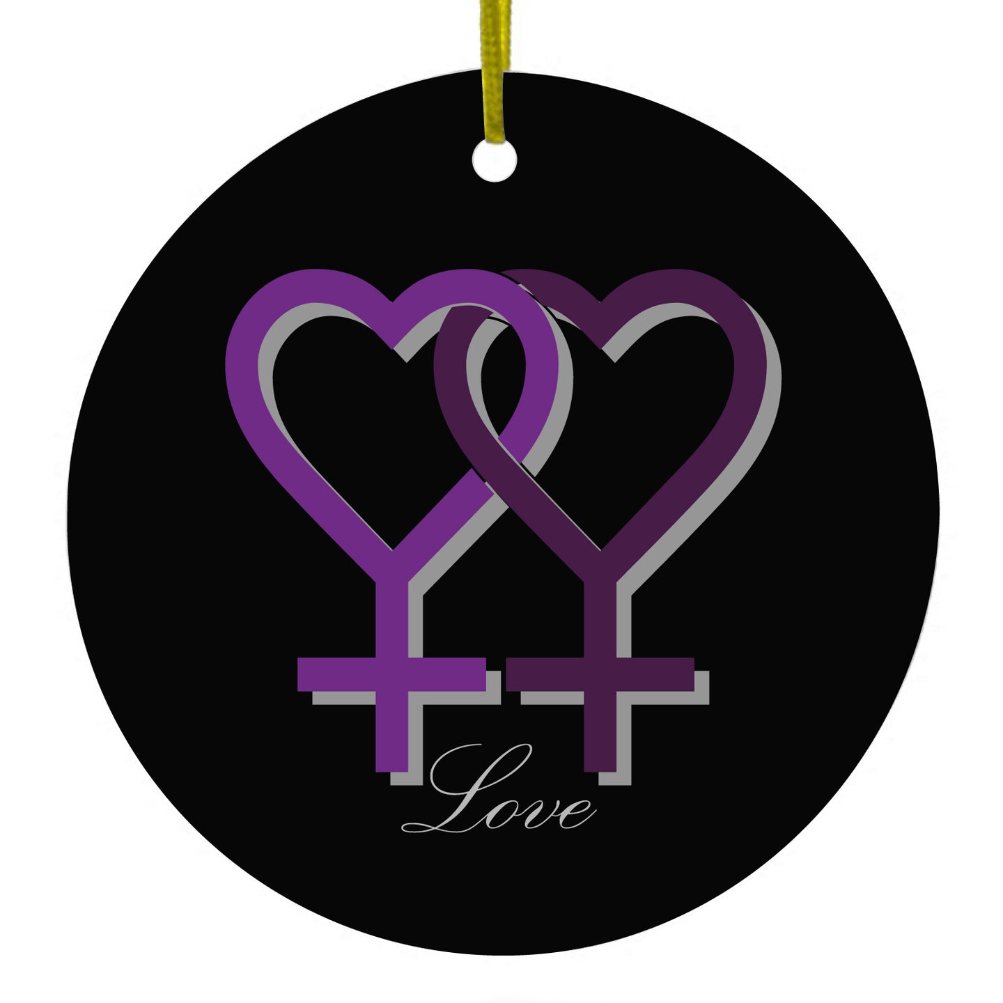 DistinctInk® Hanging Ceramic Christmas Tree Ornament with Gold String - Great Gift / Present - 2 3/4 inch Diameter - Lesbian Purple Symbols Love