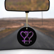 DistinctInk® Hanging Ceramic Christmas Tree Ornament with Gold String - Great Gift / Present - 2 3/4 inch Diameter - Lesbian Purple Symbols Love
