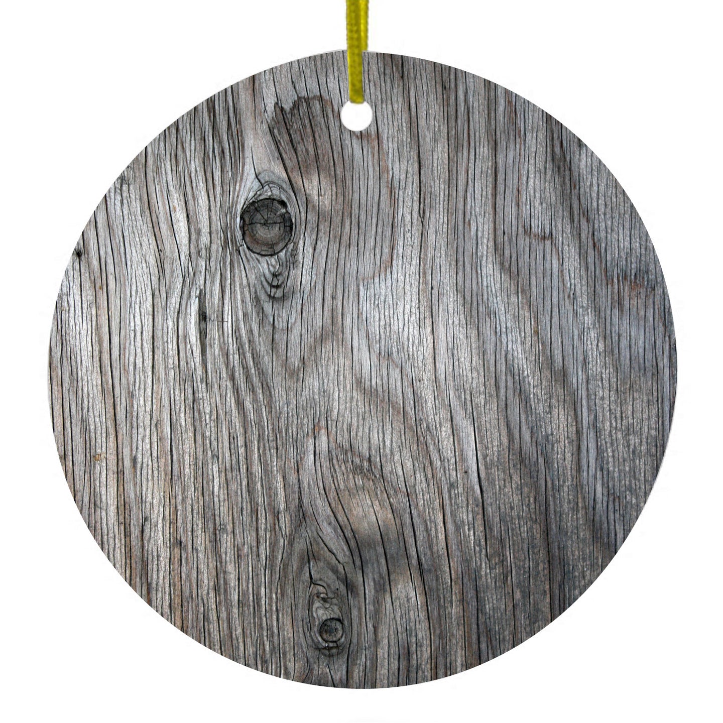 DistinctInk® Hanging Ceramic Christmas Tree Ornament with Gold String - Great Gift / Present - 2 3/4 inch Diameter - Grey Weathered Wood Grain Print