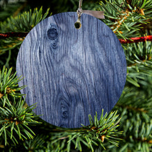 DistinctInk® Hanging Ceramic Christmas Tree Ornament with Gold String - Great Gift / Present - 2 3/4 inch Diameter - Dark Blue Weathered Wood Grain Print
